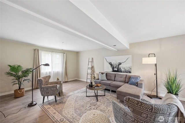 living area featuring baseboards and wood finished floors