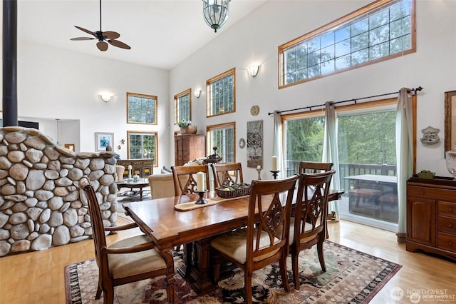 17613 Butler Rd, Snohomish, WA 98290 - dining area featuring a high ceiling, ceiling fan, and light wood finished floors