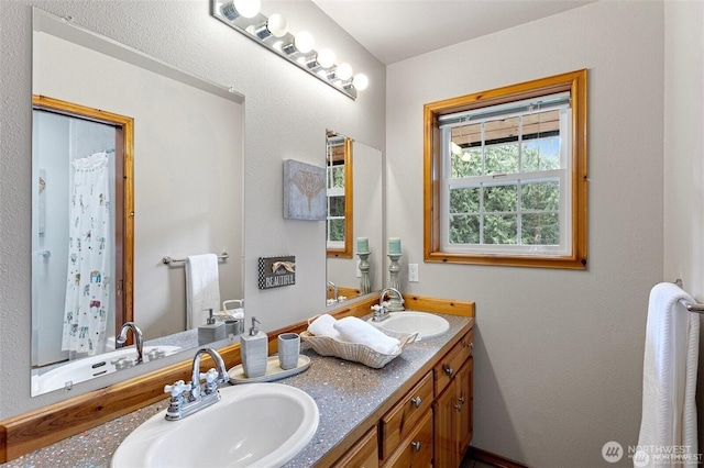 17613 Butler Rd, Snohomish, WA 98290 - bathroom with double vanity and a shower with curtain