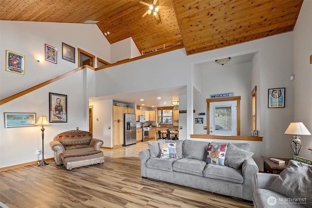 living room featuring wood ceiling, baseboards, high vaulted ceiling, and light wood-style floors