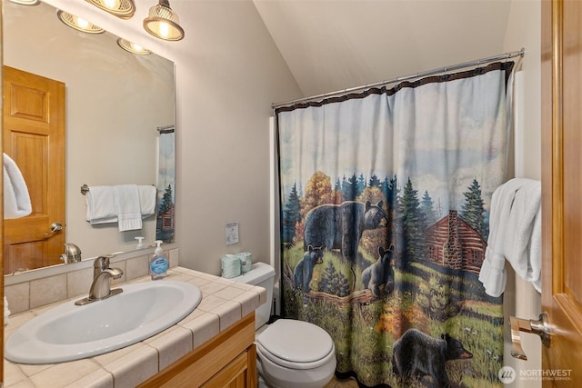 bathroom featuring vanity, toilet, a shower with shower curtain, and lofted ceiling