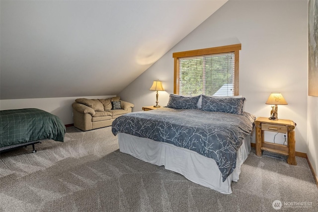 bedroom featuring baseboards, carpet flooring, and vaulted ceiling
