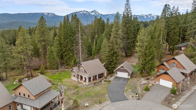 birds eye view of property with a mountain view and a view of trees