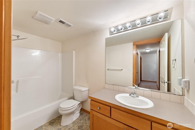 bathroom featuring toilet, visible vents, bathing tub / shower combination, and vanity
