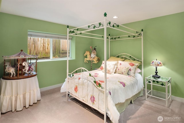 bedroom with baseboards, carpet flooring, and recessed lighting