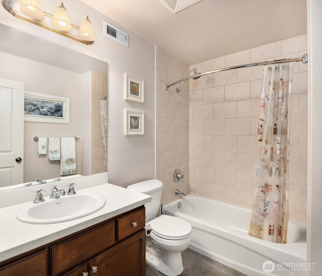 full bath with visible vents, vanity, tile patterned floors, toilet, and shower / bath combo with shower curtain