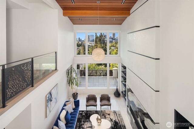 209 Northside Rd, Bellevue, WA 98004 - interior space featuring wood ceiling, a high ceiling, and a view of city