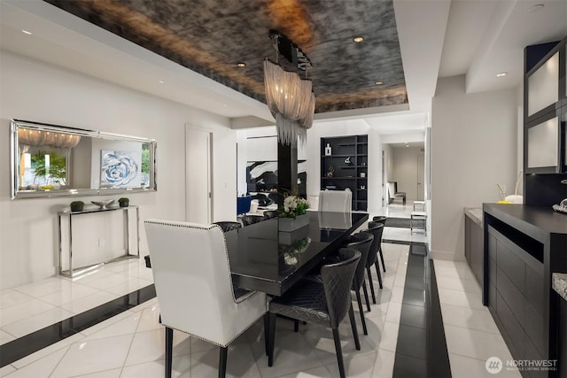 209 Northside Rd, Bellevue, WA 98004 - dining area featuring a raised ceiling, light tile patterned floors, inlaid floor details, recessed lighting, and baseboards