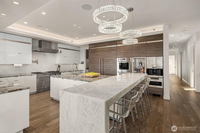 209 Northside Rd, Bellevue, WA 98004 - kitchen with modern cabinets, wall chimney range hood, appliances with stainless steel finishes, tasteful backsplash, and recessed lighting