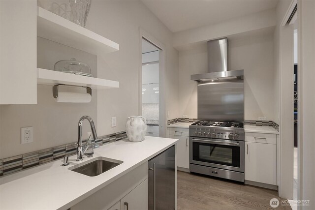 209 Northside Rd, Bellevue, WA 98004 - kitchen featuring high end range, wall chimney range hood, a sink, open shelves, and light wood finished floors