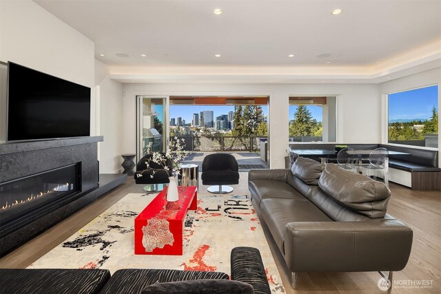 209 Northside Rd, Bellevue, WA 98004 - living room with wood finished floors, a high end fireplace, recessed lighting, and a view of skyline