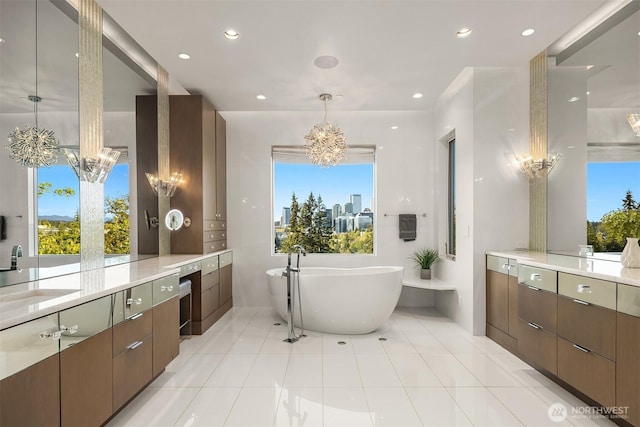 209 Northside Rd, Bellevue, WA 98004 - full bathroom with a chandelier, vanity, a freestanding bath, recessed lighting, and tile patterned floors