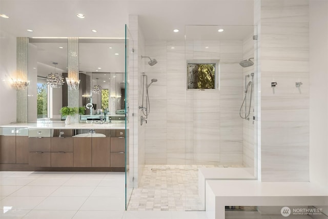 209 Northside Rd, Bellevue, WA 98004 - bathroom with vanity, a walk in shower, tile patterned floors, recessed lighting, and a chandelier