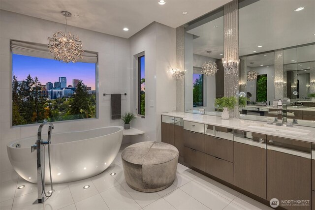 209 Northside Rd, Bellevue, WA 98004 - full bathroom with a chandelier, vanity, a soaking tub, tile patterned floors, and recessed lighting