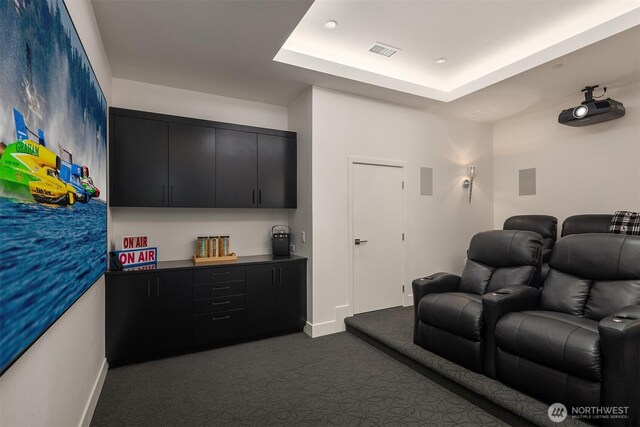 209 Northside Rd, Bellevue, WA 98004 - cinema with dark colored carpet, baseboards, a tray ceiling, and recessed lighting