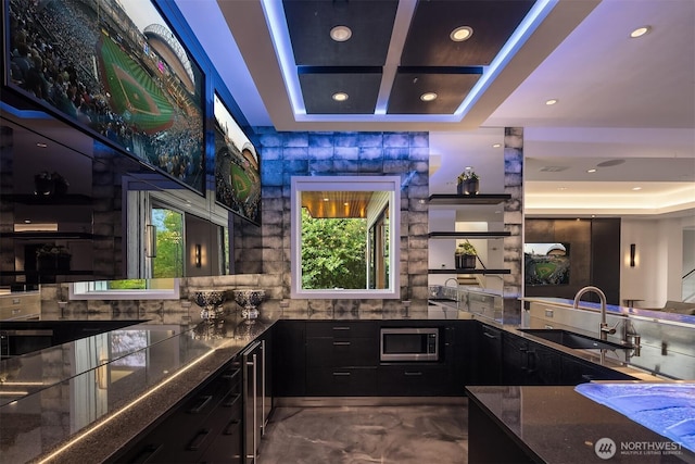 209 Northside Rd, Bellevue, WA 98004 - bar area with stainless steel microwave, a sink, recessed lighting, and a raised ceiling
