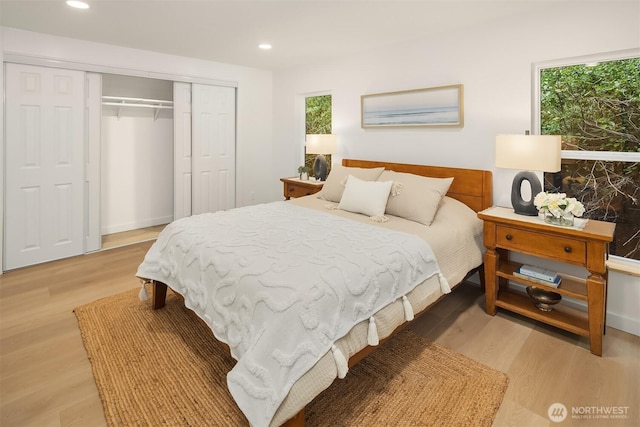 bedroom with light wood-type flooring, multiple windows, and a closet