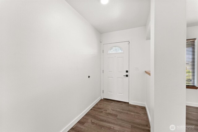 doorway to outside featuring baseboards and dark wood-type flooring