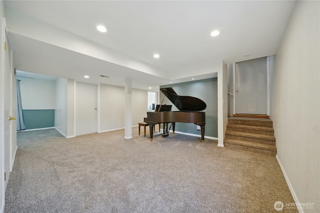 interior space featuring recessed lighting, carpet floors, baseboards, and stairs