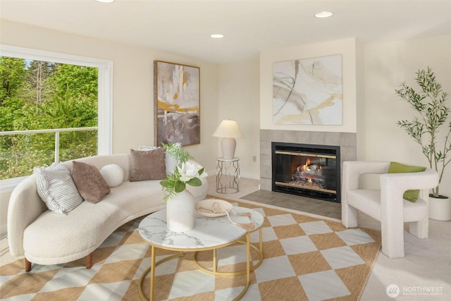 5310 143rd Ave SE, Bellevue, WA 98006 - living area with a tiled fireplace and recessed lighting