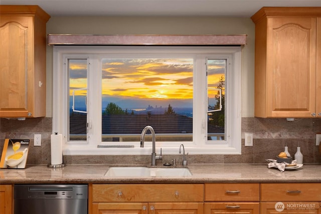 5310 143rd Ave SE, Bellevue, WA 98006 - kitchen featuring stainless steel dishwasher, a sink, backsplash, and light countertops