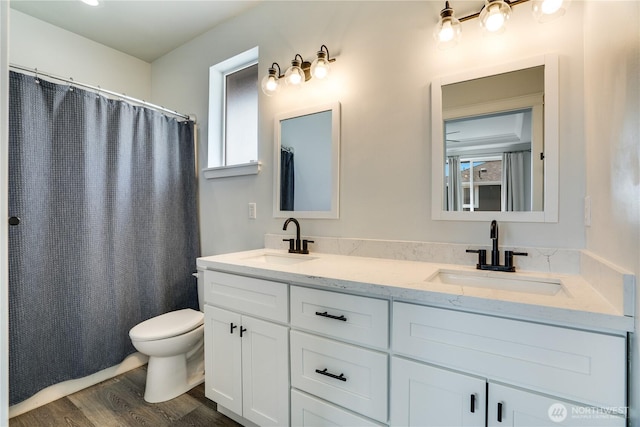 full bathroom with double vanity, toilet, a sink, and wood finished floors