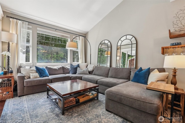 living area featuring high vaulted ceiling