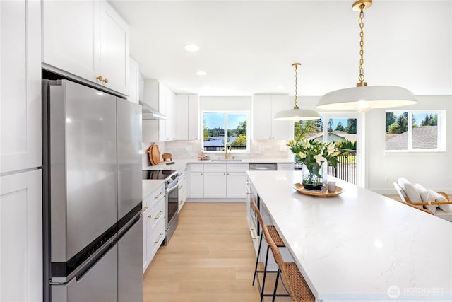kitchen with backsplash, a sink, light wood finished floors, stainless steel appliances, and white cabinetry