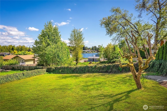 view of yard featuring a water view and fence