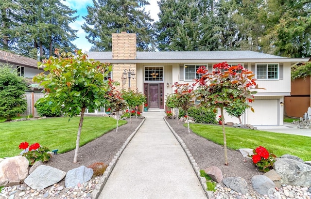view of front of property featuring fence, an attached garage, a shingled roof, a front yard, and a chimney