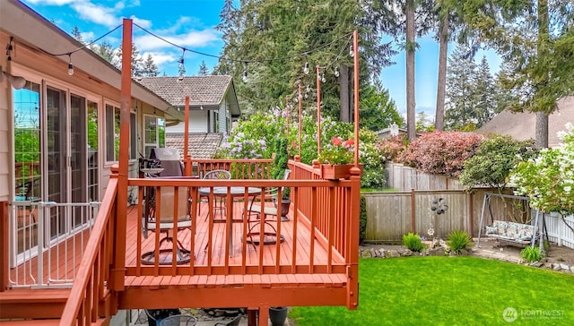 wooden terrace featuring a lawn and a fenced backyard