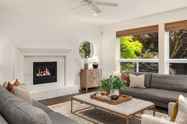325 6th Ave S, Kirkland, WA 98033 - living room featuring a high end fireplace, a ceiling fan, recessed lighting, and wood finished floors