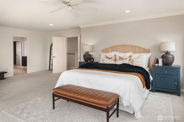 325 6th Ave S, Kirkland, WA 98033 - bedroom featuring crown molding, ceiling fan, recessed lighting, and light colored carpet