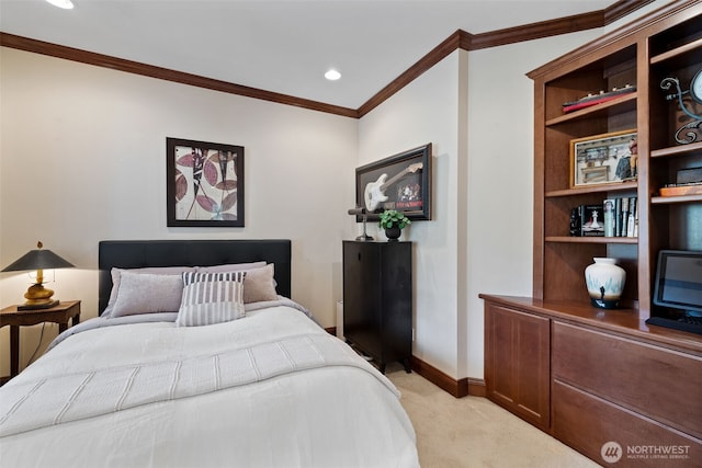 bedroom featuring baseboards, ornamental molding, recessed lighting, and light carpet