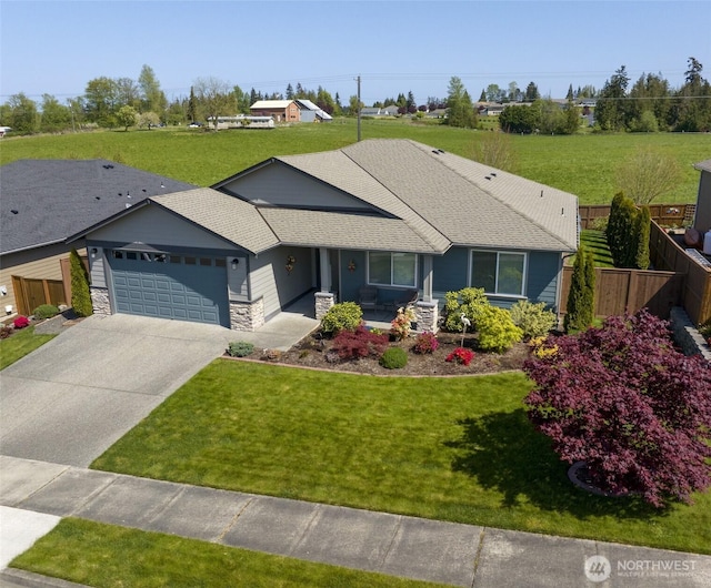 71 Lillian Ridge Dr, Sequim, WA 98382 - single story home featuring a front lawn, driveway, a garage, and fence