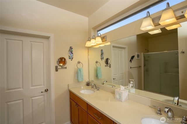 71 Lillian Ridge Dr, Sequim, WA 98382 - full bathroom with double vanity, a sink, and a shower stall