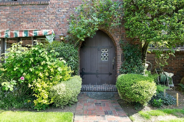 view of exterior entry with brick siding