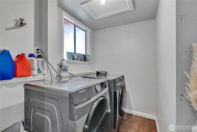 791 NE Pinecrest Dr, Bremerton, WA 98311 - laundry area with washer and clothes dryer, attic access, wood finished floors, and baseboards