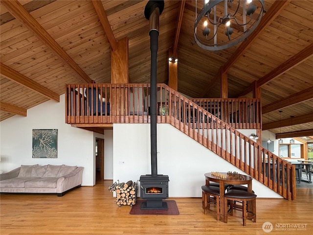 34A Saratoga Dr, Hat Island, WA 98206 - living room with stairway, wooden ceiling, beam ceiling, and a wood stove