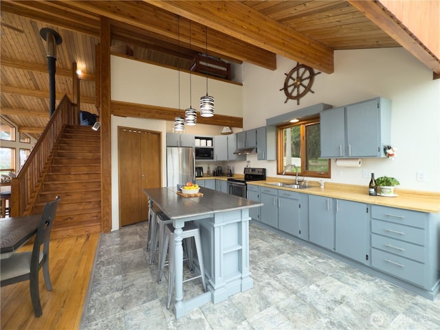 34A Saratoga Dr, Hat Island, WA 98206 - kitchen featuring a sink, stainless steel appliances, wooden ceiling, beamed ceiling, and blue cabinets