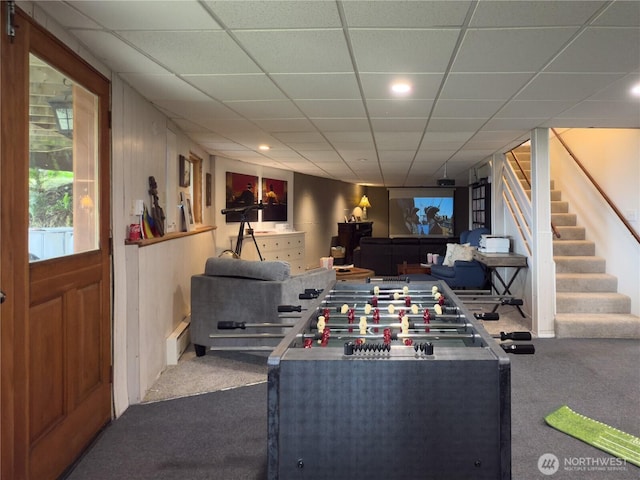 34A Saratoga Dr, Hat Island, WA 98206 - recreation room featuring recessed lighting, a drop ceiling, and dark carpet