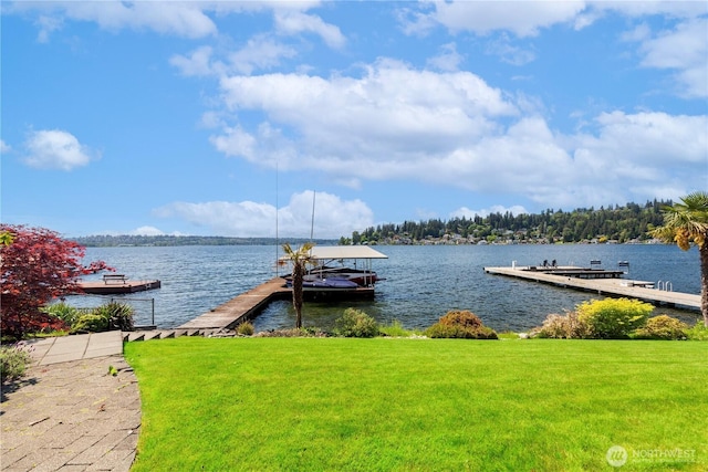 view of dock featuring a water view and a yard