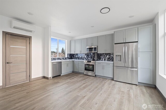 9751 57th Ave S, Seattle, WA 98118 - kitchen featuring decorative backsplash, a wall mounted air conditioner, gray cabinetry, light countertops, and stainless steel appliances