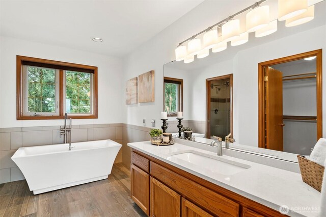 bathroom with vanity, wainscoting, a healthy amount of sunlight, and a shower stall
