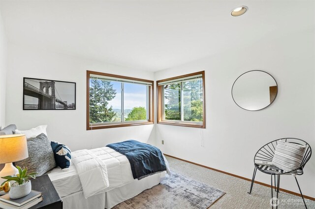 carpeted bedroom featuring baseboards and recessed lighting