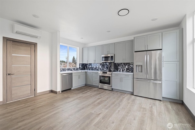 kitchen featuring decorative backsplash, a wall mounted air conditioner, gray cabinetry, light countertops, and stainless steel appliances