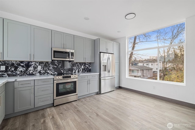 kitchen featuring gray cabinetry, light countertops, decorative backsplash, and stainless steel appliances