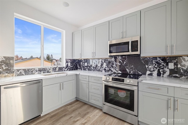 kitchen with decorative backsplash, light wood-type flooring, gray cabinets, a sink, and appliances with stainless steel finishes