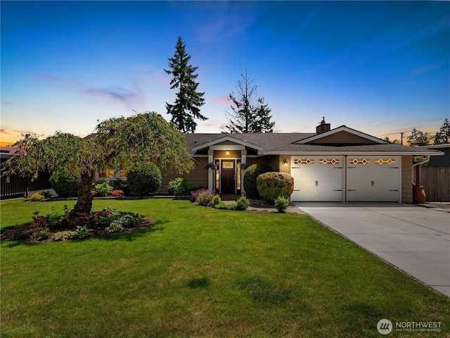 17111 NE 5th St, Bellevue, WA 98008 - view of front of property with an attached garage, concrete driveway, and a chimney