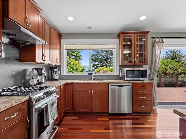 17111 NE 5th St, Bellevue, WA 98008 - kitchen featuring appliances with stainless steel finishes, a sink, under cabinet range hood, healthy amount of natural light, and recessed lighting